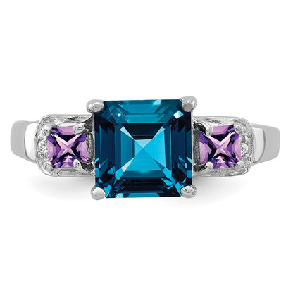 Sterling Silver Rhodium London Blue Topaz, Amethyst u0026 Diamond Ring