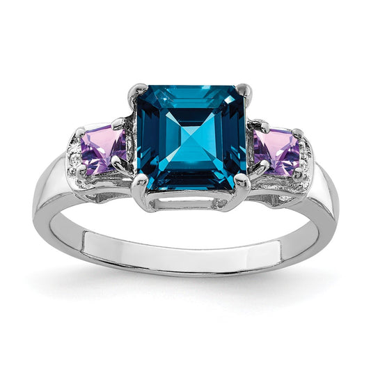 Sterling Silver Rhodium London Blue Topaz, Amethyst u0026 Diamond Ring