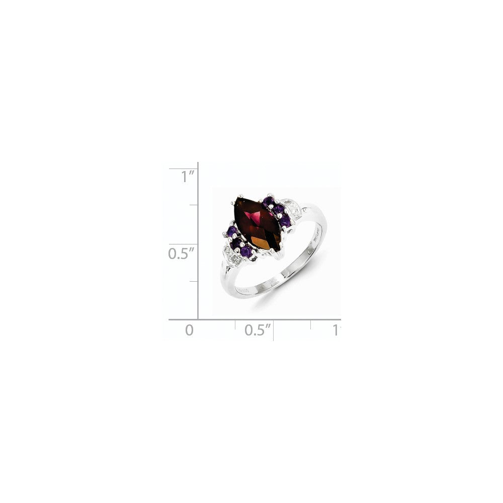 Sterling Silver Rhodolite Garnet, Amethyst u0026 Diamond Ring