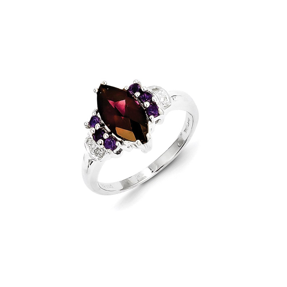 Sterling Silver Rhodolite Garnet, Amethyst u0026 Diamond Ring