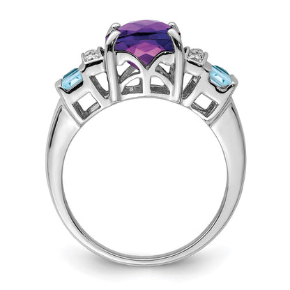 Sterling Silver Rhodium Amethyst, Light Swiss Blue Topaz u0026 Diamond Ring