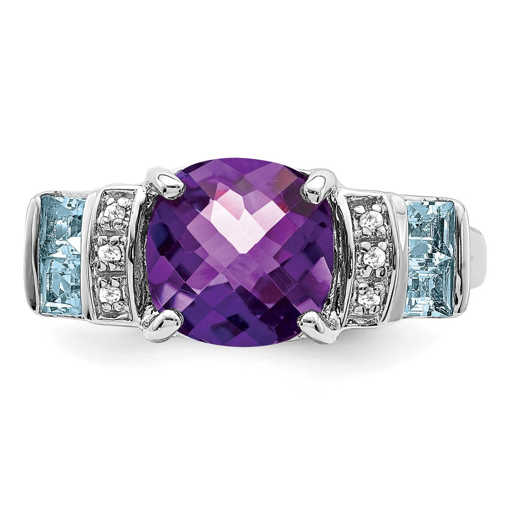 Sterling Silver Rhodium Amethyst, Light Swiss Blue Topaz u0026 Diamond Ring