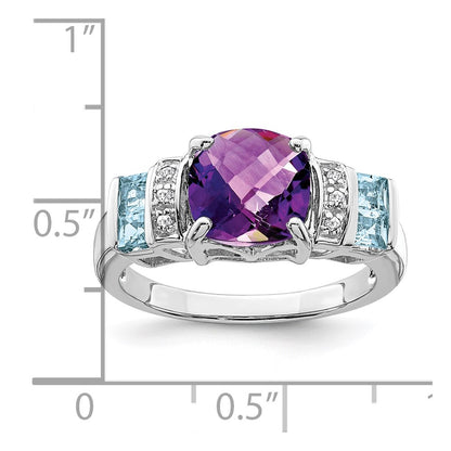 Sterling Silver Rhodium Amethyst, Light Swiss Blue Topaz u0026 Diamond Ring