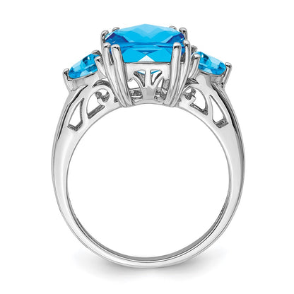 Sterling Silver Rhodium Checker-Cut Blue Topaz Ring