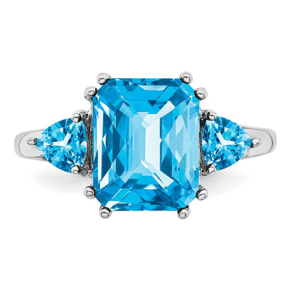 Sterling Silver Rhodium Checker-Cut Blue Topaz Ring