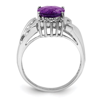 Sterling Silver Rhodium-plated Checker-Cut Amethyst u0026 Diamond Ring