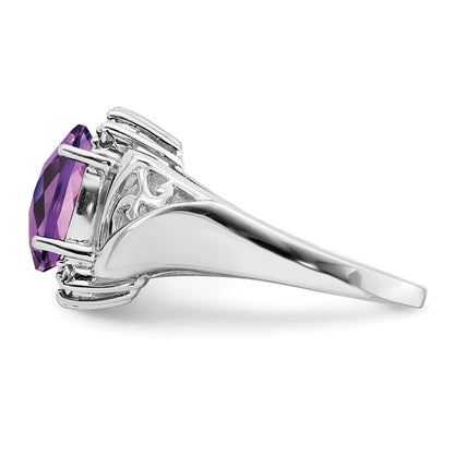 Sterling Silver Rhodium-plated Checker-Cut Amethyst u0026 Diamond Ring