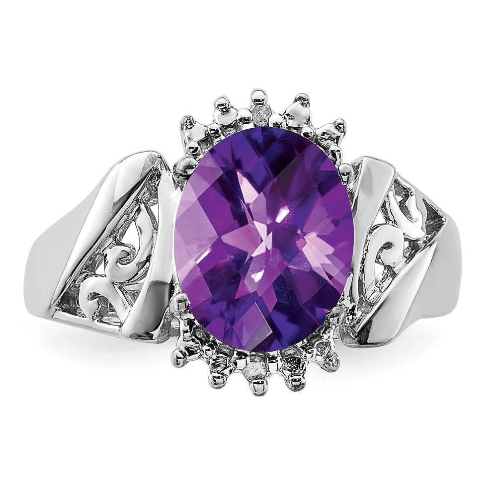 Sterling Silver Rhodium-plated Checker-Cut Amethyst u0026 Diamond Ring