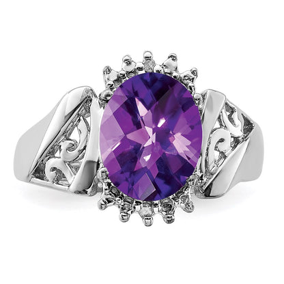 Sterling Silver Rhodium-plated Checker-Cut Amethyst u0026 Diamond Ring
