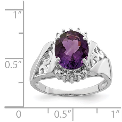 Sterling Silver Rhodium-plated Checker-Cut Amethyst u0026 Diamond Ring