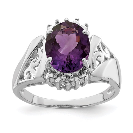 Sterling Silver Rhodium-plated Checker-Cut Amethyst u0026 Diamond Ring
