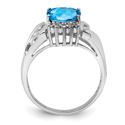 Sterling Silver Rhodium Checker-Cut Blue Topaz u0026 Diamond Ring