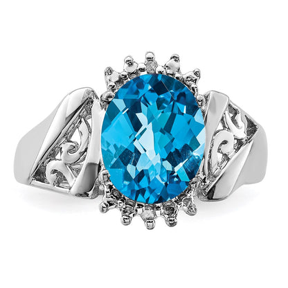 Sterling Silver Rhodium Checker-Cut Blue Topaz u0026 Diamond Ring