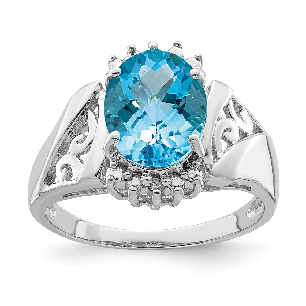 Sterling Silver Rhodium Checker-Cut Blue Topaz u0026 Diamond Ring