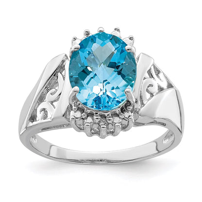 Sterling Silver Rhodium Checker-Cut Blue Topaz u0026 Diamond Ring