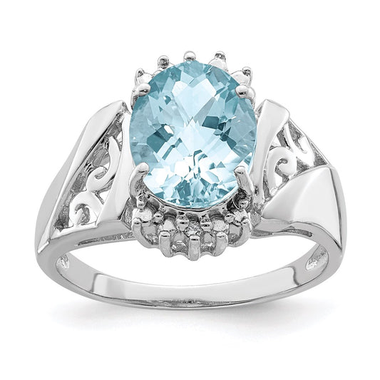 Sterling Silver Rhodium Checker-Cut Sky Blue Topaz u0026 Diamond Ring
