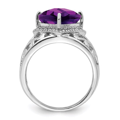 Sterling Silver Rhodium-plated Checker-Cut Amethyst u0026 Diamond Ring