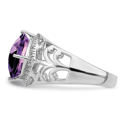 Sterling Silver Rhodium-plated Checker-Cut Amethyst u0026 Diamond Ring