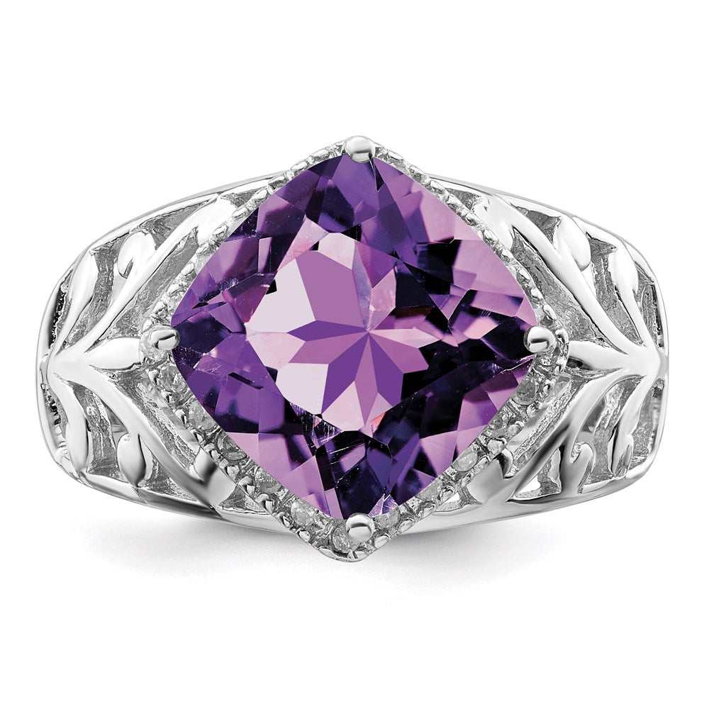 Sterling Silver Rhodium-plated Checker-Cut Amethyst u0026 Diamond Ring
