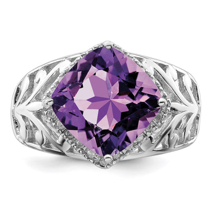 Sterling Silver Rhodium-plated Checker-Cut Amethyst u0026 Diamond Ring