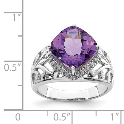 Sterling Silver Rhodium-plated Checker-Cut Amethyst u0026 Diamond Ring
