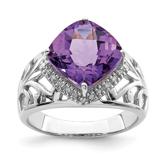 Sterling Silver Rhodium-plated Checker-Cut Amethyst u0026 Diamond Ring