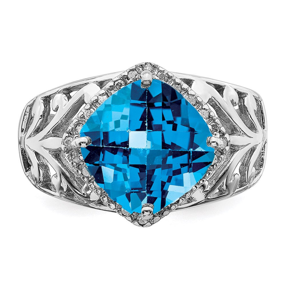 Sterling Silver Rhodium Checker-Cut Blue Topaz u0026 Diamond Ring