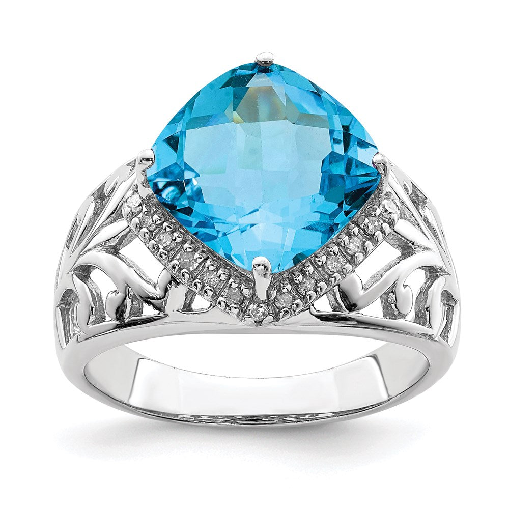 Sterling Silver Rhodium Checker-Cut Blue Topaz u0026 Diamond Ring