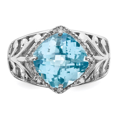 Sterling Silver Rhodium Checker-Cut Sky Blue Topaz u0026 Diamond Ring