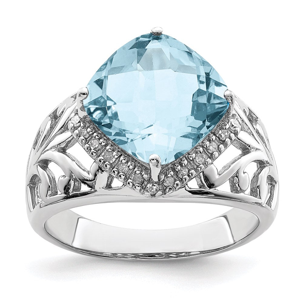 Sterling Silver Rhodium Checker-Cut Sky Blue Topaz u0026 Diamond Ring