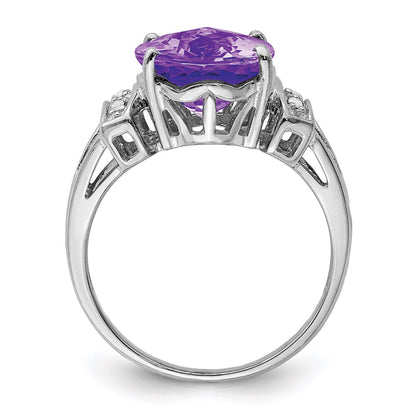 Sterling Silver Rhodium-plated Checker-Cut Amethyst u0026 Diamond Ring