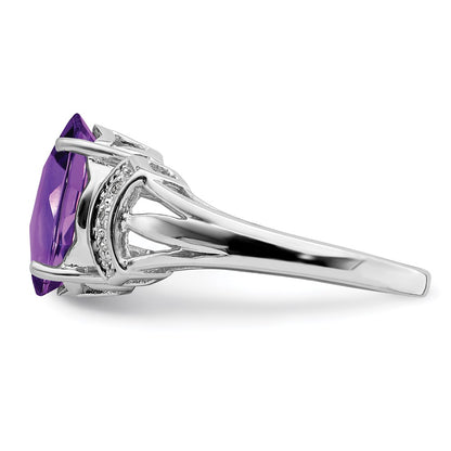 Sterling Silver Rhodium-plated Checker-Cut Amethyst u0026 Diamond Ring