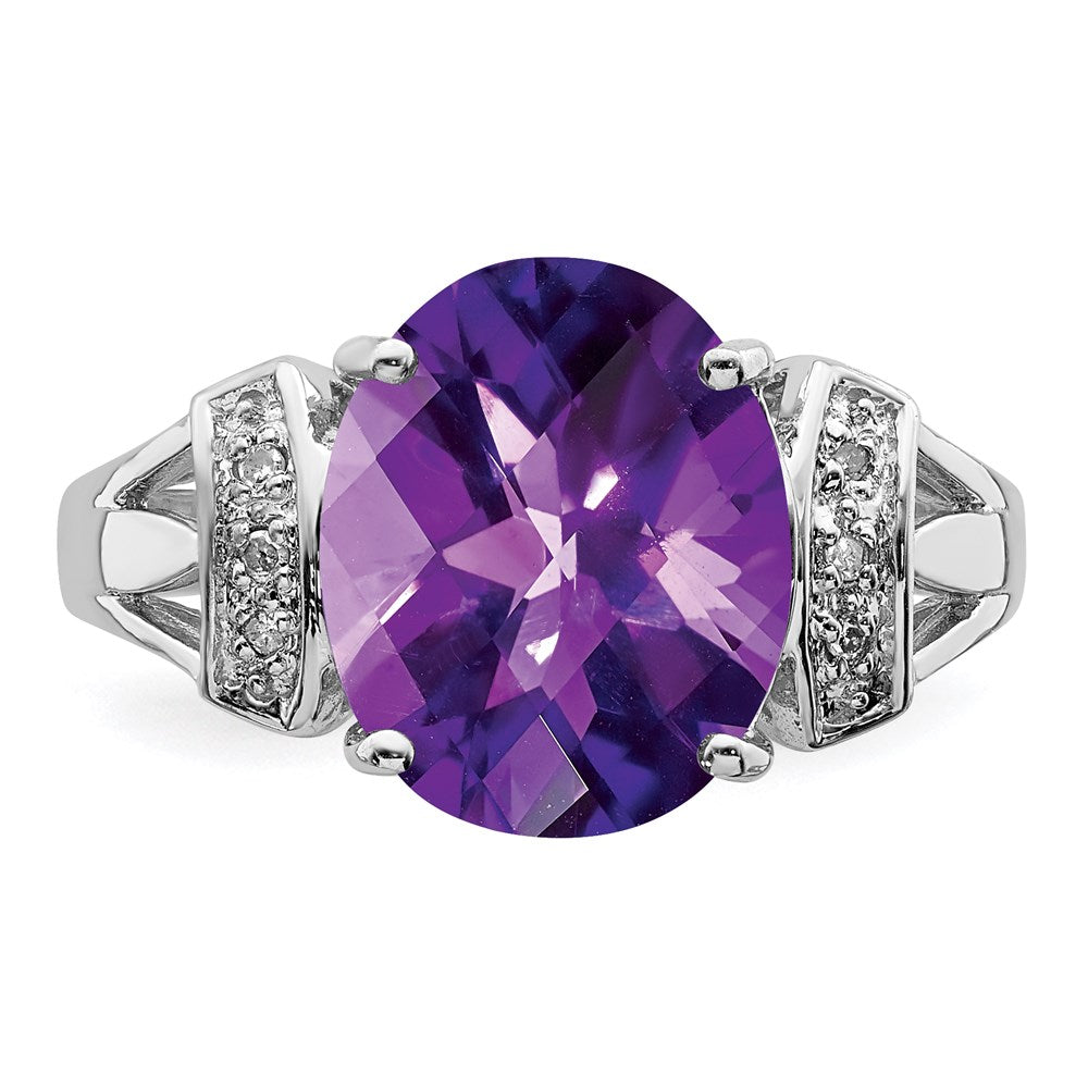 Sterling Silver Rhodium-plated Checker-Cut Amethyst u0026 Diamond Ring