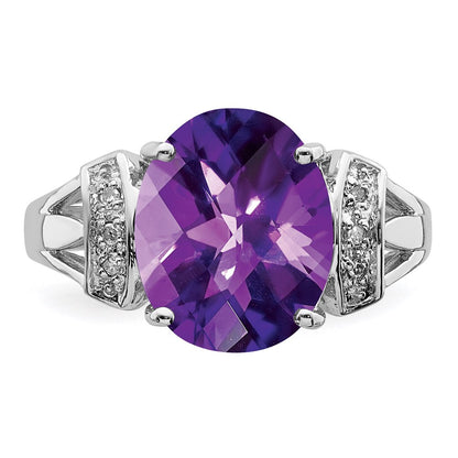 Sterling Silver Rhodium-plated Checker-Cut Amethyst u0026 Diamond Ring