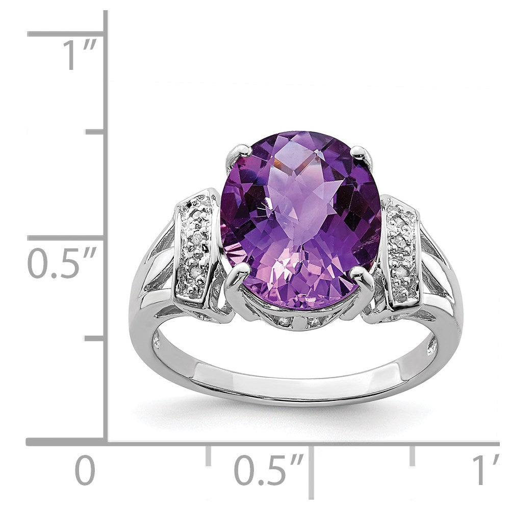 Sterling Silver Rhodium-plated Checker-Cut Amethyst u0026 Diamond Ring