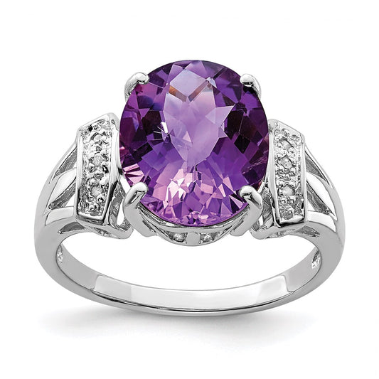 Sterling Silver Rhodium-plated Checker-Cut Amethyst u0026 Diamond Ring