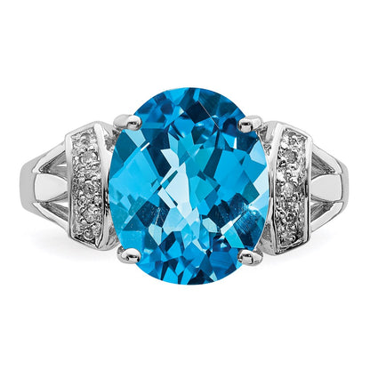 Sterling Silver Rhodium Checker-Cut Blue Topaz u0026 Diamond Ring