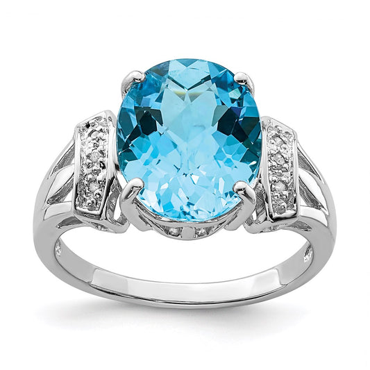 Sterling Silver Rhodium Checker-Cut Blue Topaz u0026 Diamond Ring