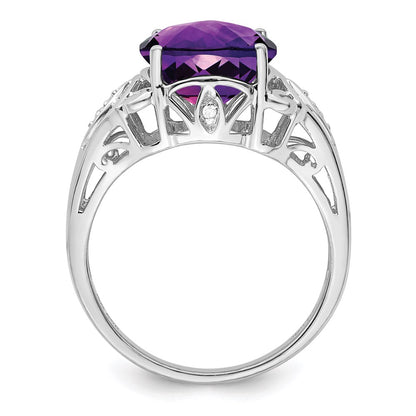 Sterling Silver Rhodium-plated Checker-Cut Amethyst u0026 Diamond Ring