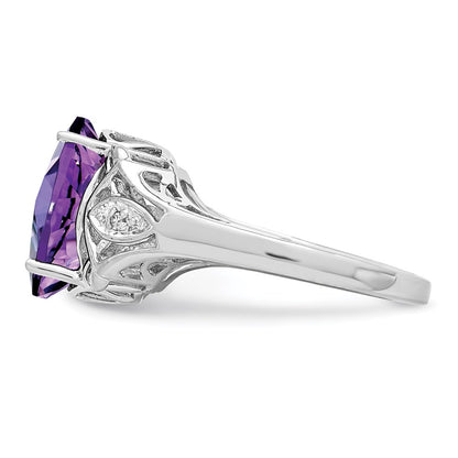 Sterling Silver Rhodium-plated Checker-Cut Amethyst u0026 Diamond Ring