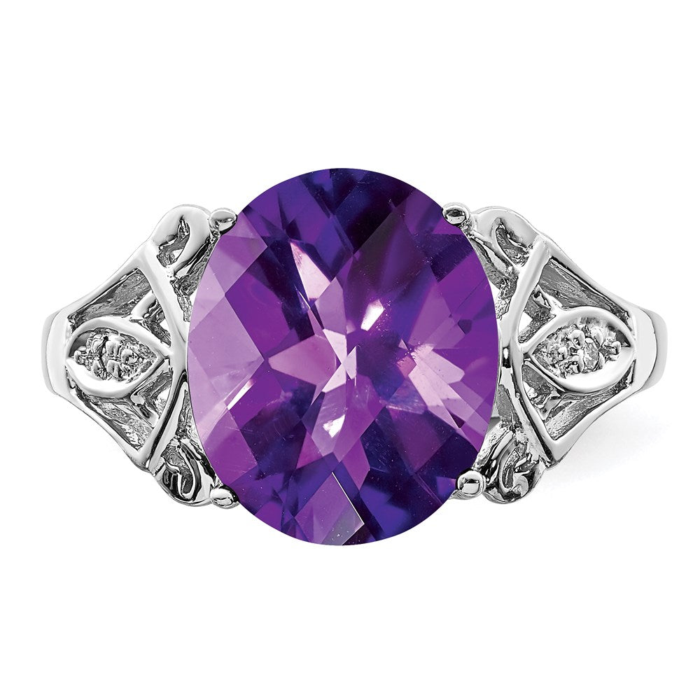 Sterling Silver Rhodium-plated Checker-Cut Amethyst u0026 Diamond Ring