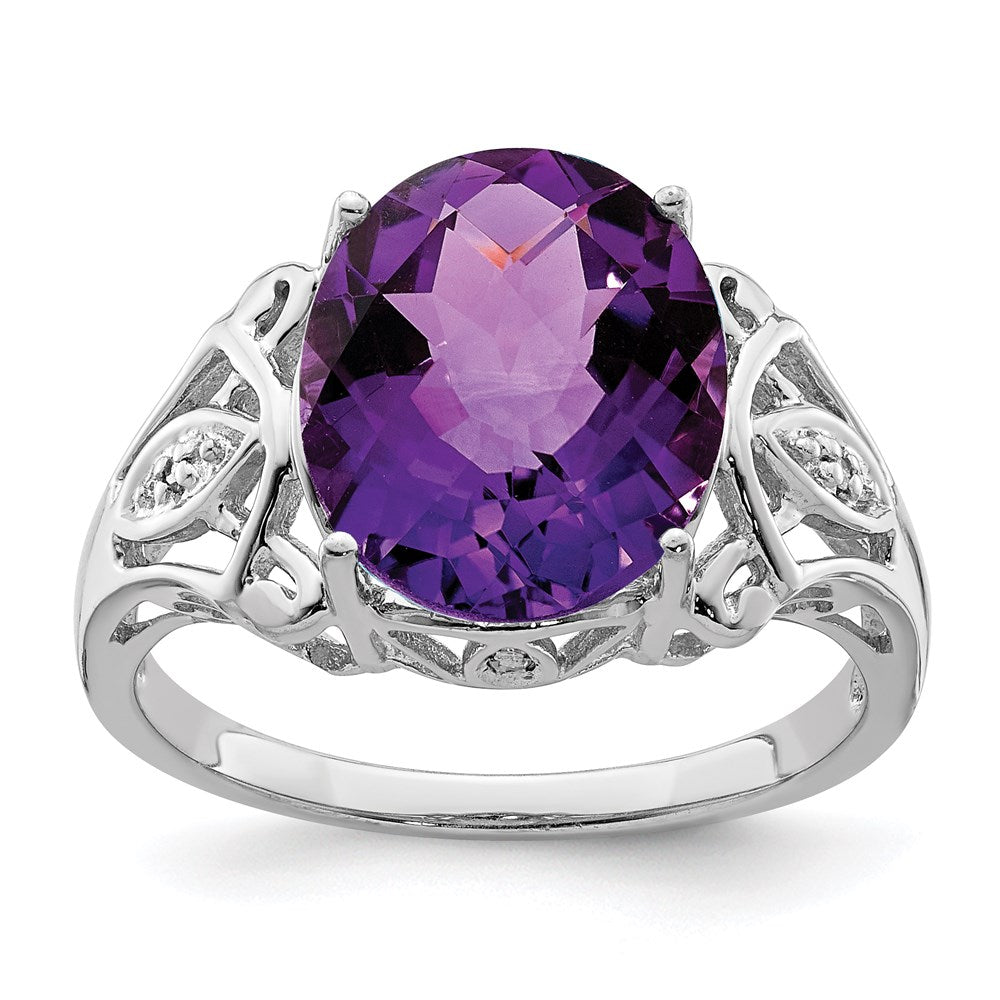 Sterling Silver Rhodium-plated Checker-Cut Amethyst u0026 Diamond Ring
