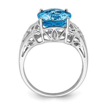 Sterling Silver Rhodium Checker-Cut Blue Topaz u0026 Diamond Ring