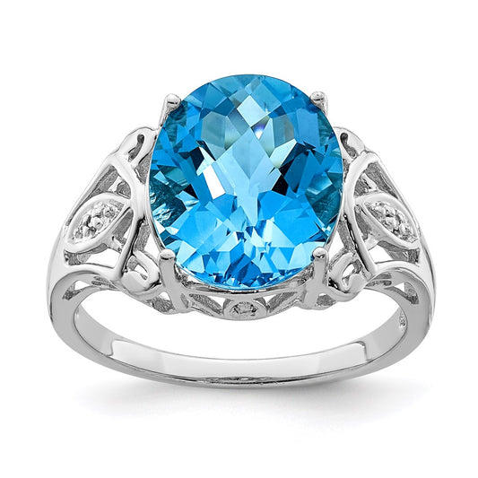 Sterling Silver Rhodium Checker-Cut Blue Topaz u0026 Diamond Ring