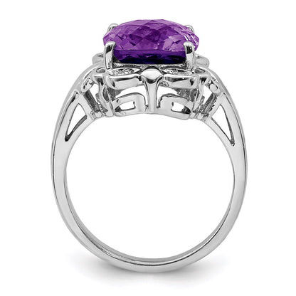 Sterling Silver Rhodium-plated Checker-Cut Amethyst u0026 Diamond Ring