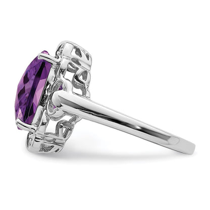 Sterling Silver Rhodium-plated Checker-Cut Amethyst u0026 Diamond Ring