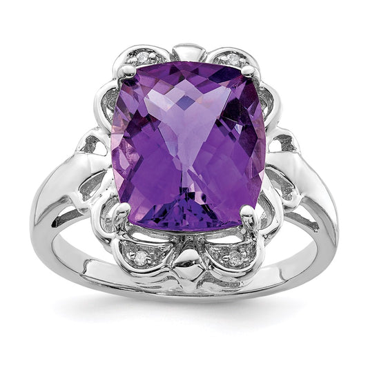 Sterling Silver Rhodium-plated Checker-Cut Amethyst u0026 Diamond Ring