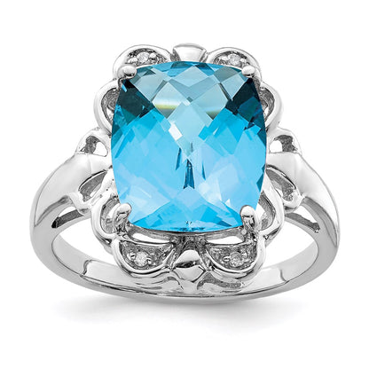 Sterling Silver Rhodium Checker-Cut Blue Topaz u0026 Diamond Ring