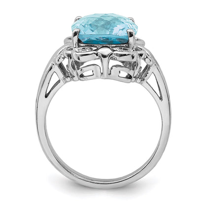 Sterling Silver Rhodium Checker-Cut Sky Blue Topaz u0026 Diamond Ring