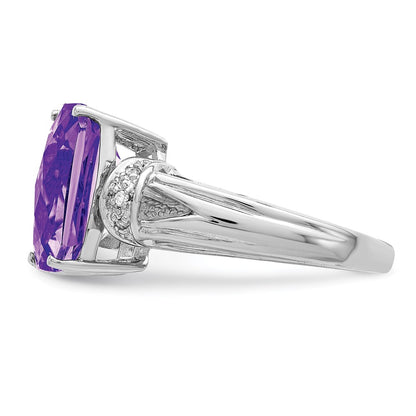 Sterling Silver Rhodium-plated Checker-Cut Amethyst u0026 Diamond Ring